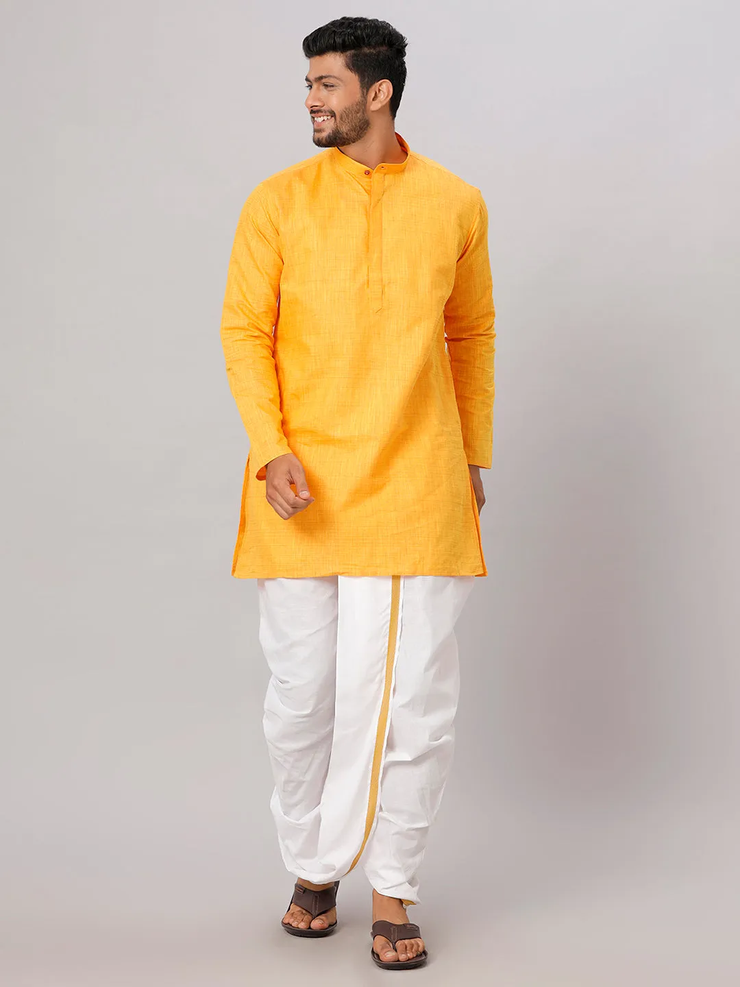 Men Cotton Medium Length Kurta with White Readymade Elastic Panchakacham Set FS1