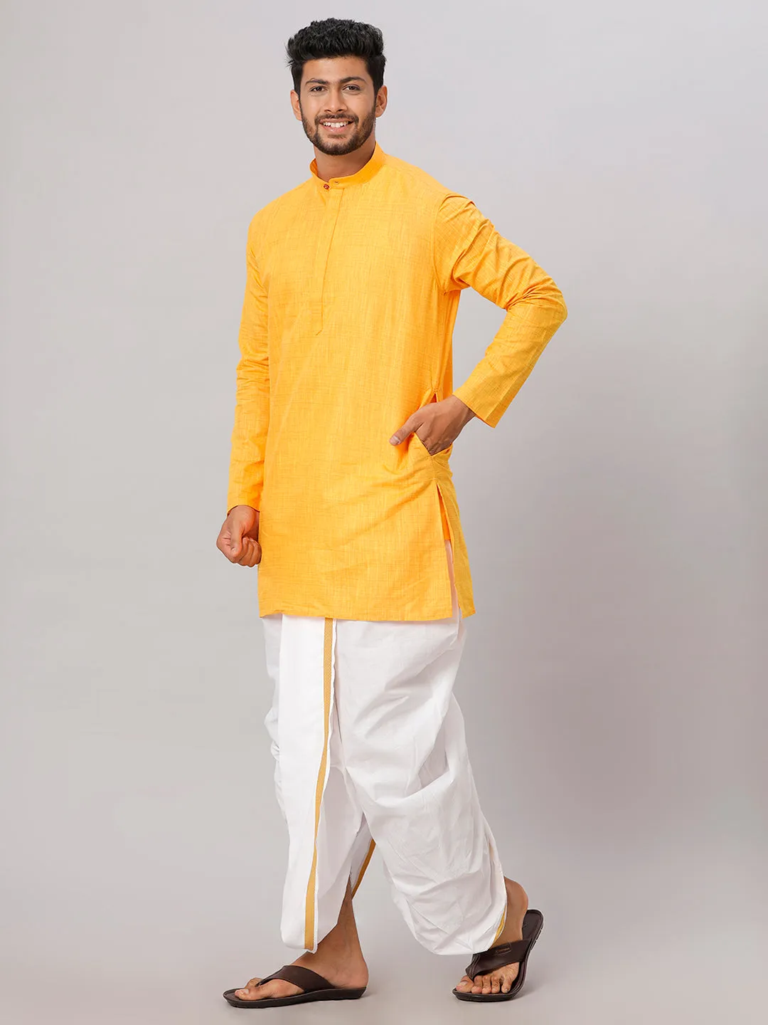 Men Cotton Medium Length Kurta with White Readymade Elastic Panchakacham Set FS1