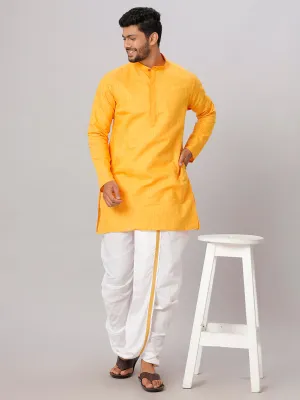 Men Cotton Medium Length Kurta with White Readymade Elastic Panchakacham Set FS1