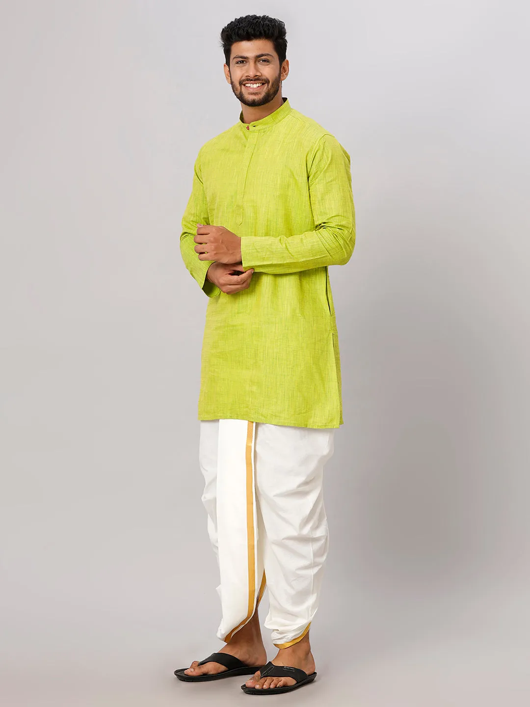 Men Medium Length Kurta with Cream Readymade Elastic Panchakacham Set FS2