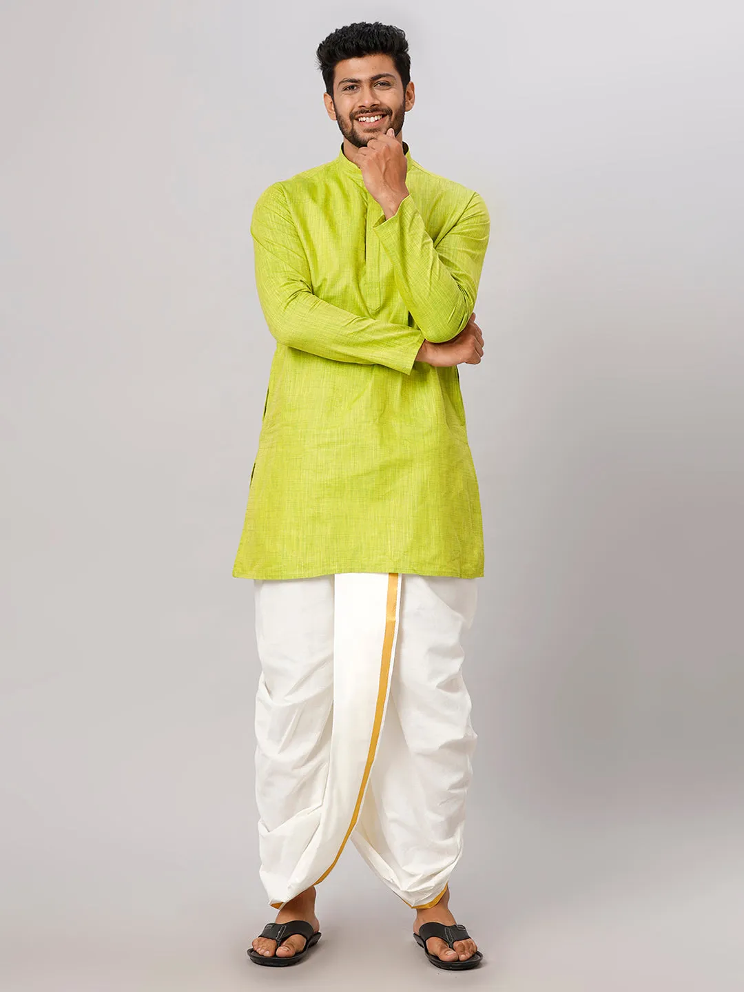 Men Medium Length Kurta with Cream Readymade Elastic Panchakacham Set FS2