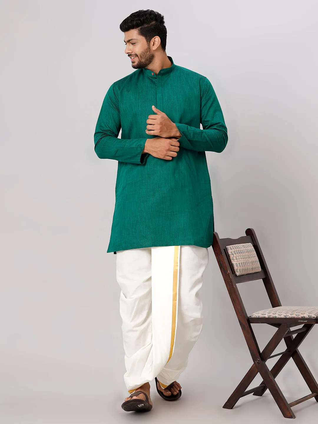Men Medium Length Kurta with Cream Readymade Elastic Panchakacham Set FS5