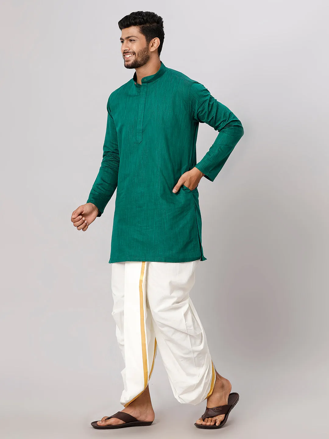 Men Medium Length Kurta with Cream Readymade Elastic Panchakacham Set FS5
