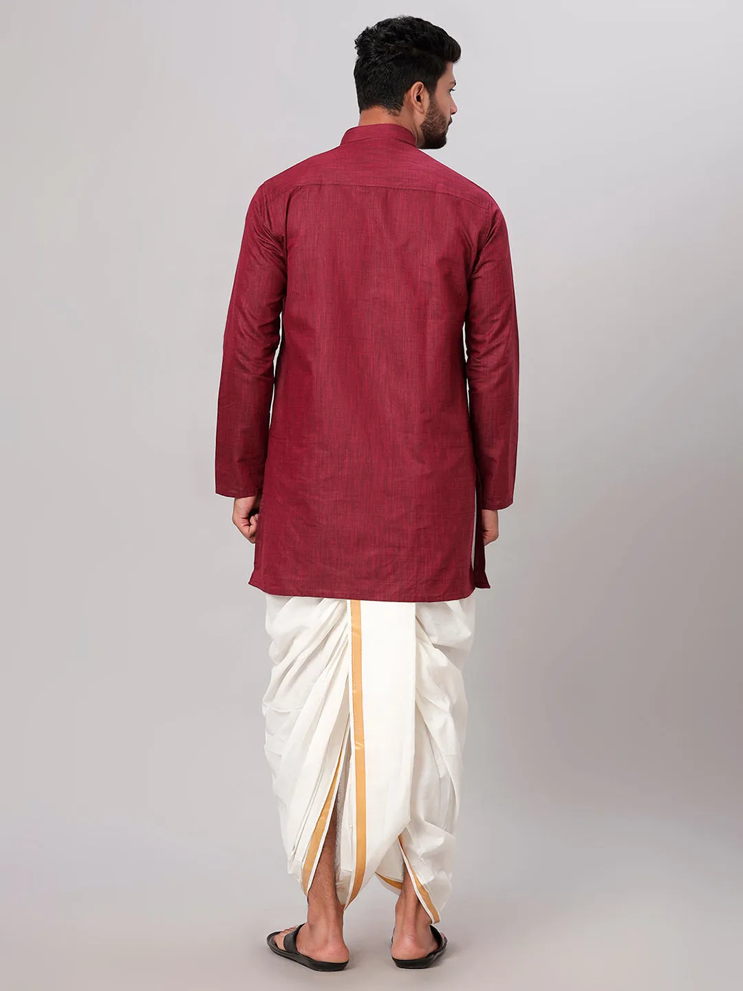 Men Medium Length Kurta with Cream Readymade Elastic Panchakacham Set FS7