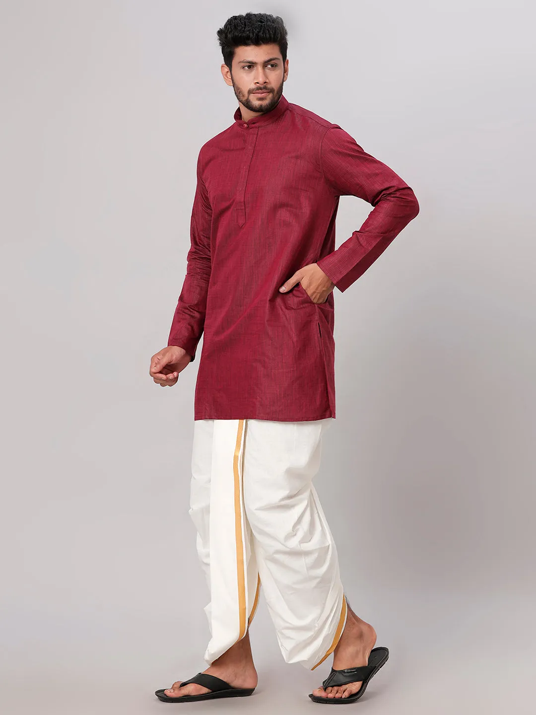 Men Medium Length Kurta with Cream Readymade Elastic Panchakacham Set FS7