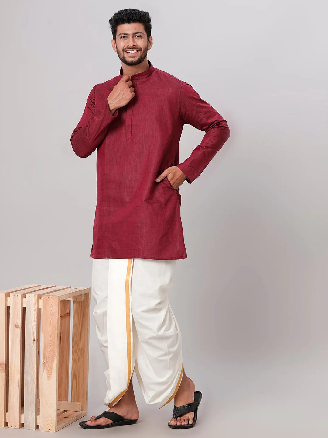 Men Medium Length Kurta with Cream Readymade Elastic Panchakacham Set FS7