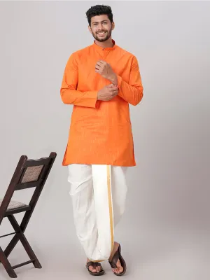 Men Medium Length Kurta with Readymade Elastic Cream Panchakacham Set FS3