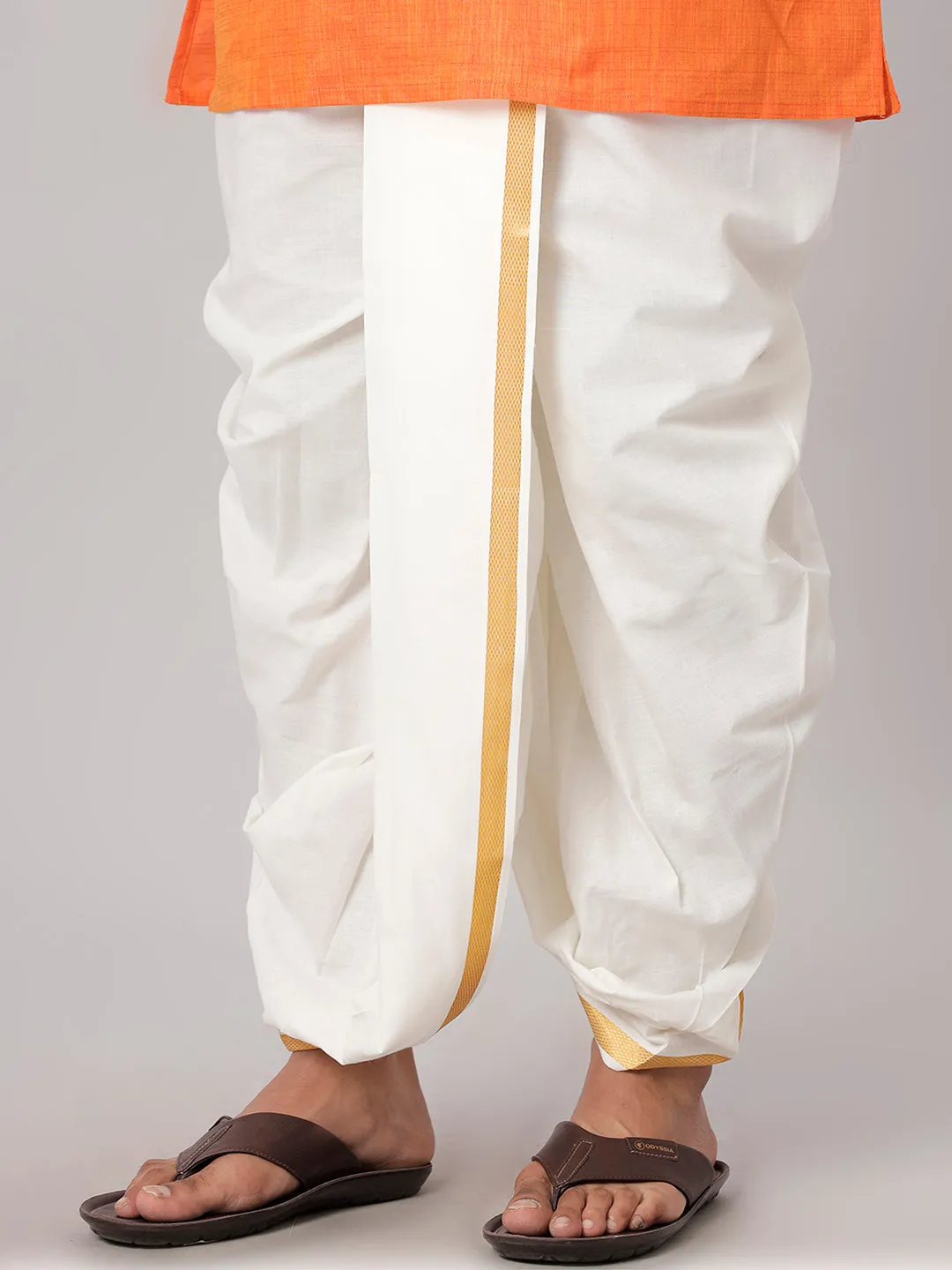 Men Medium Length Kurta with Readymade Elastic Cream Panchakacham Set FS3