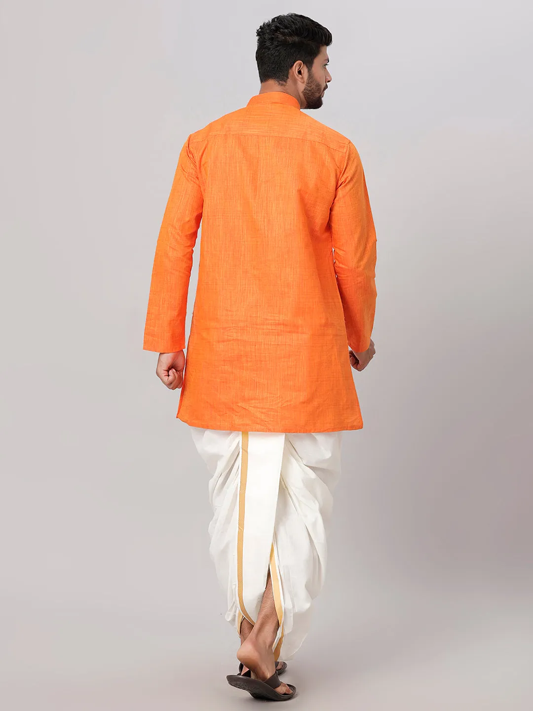 Men Medium Length Kurta with Readymade Elastic Cream Panchakacham Set FS3