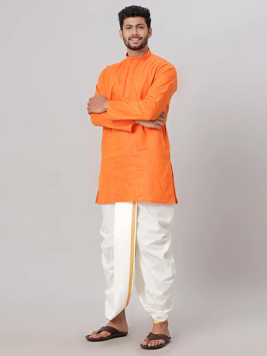 Men Medium Length Kurta with Readymade Elastic Cream Panchakacham Set FS3