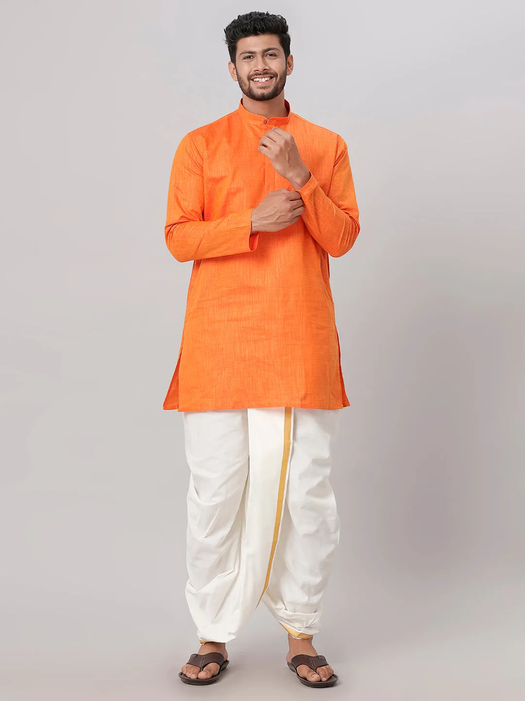 Men Medium Length Kurta with Readymade Elastic Cream Panchakacham Set FS3