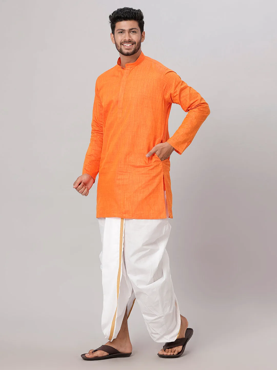 Men Medium Length Kurta with Readymade Elastic White Panchakacham Set FS3