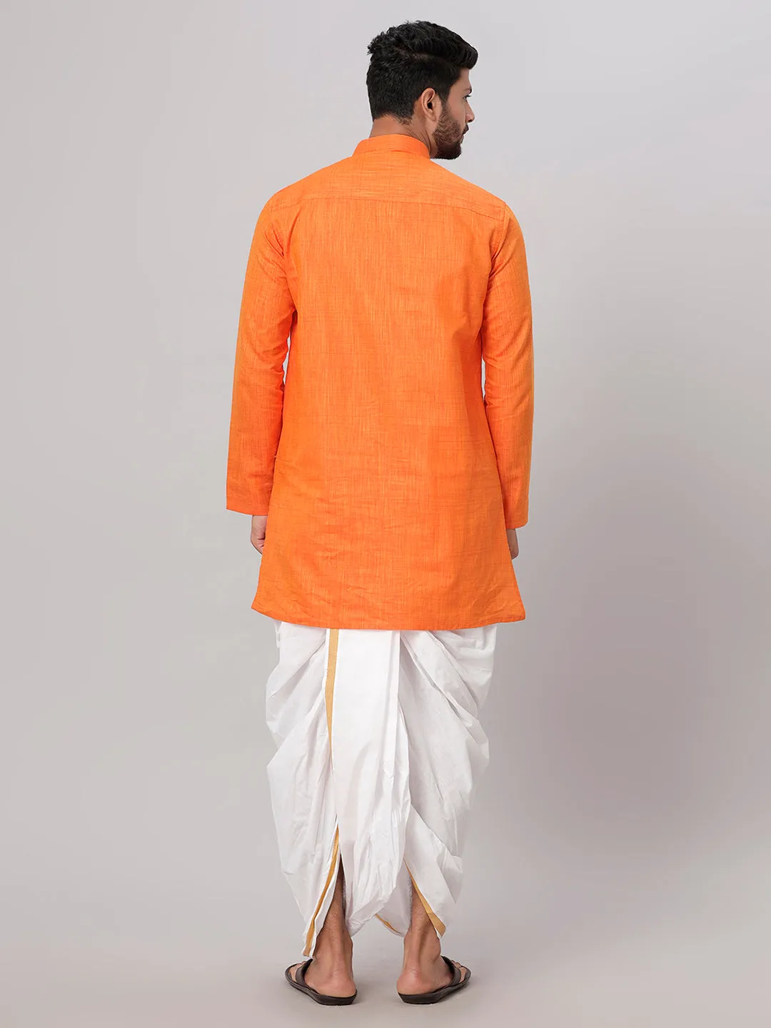 Men Medium Length Kurta with Readymade Elastic White Panchakacham Set FS3