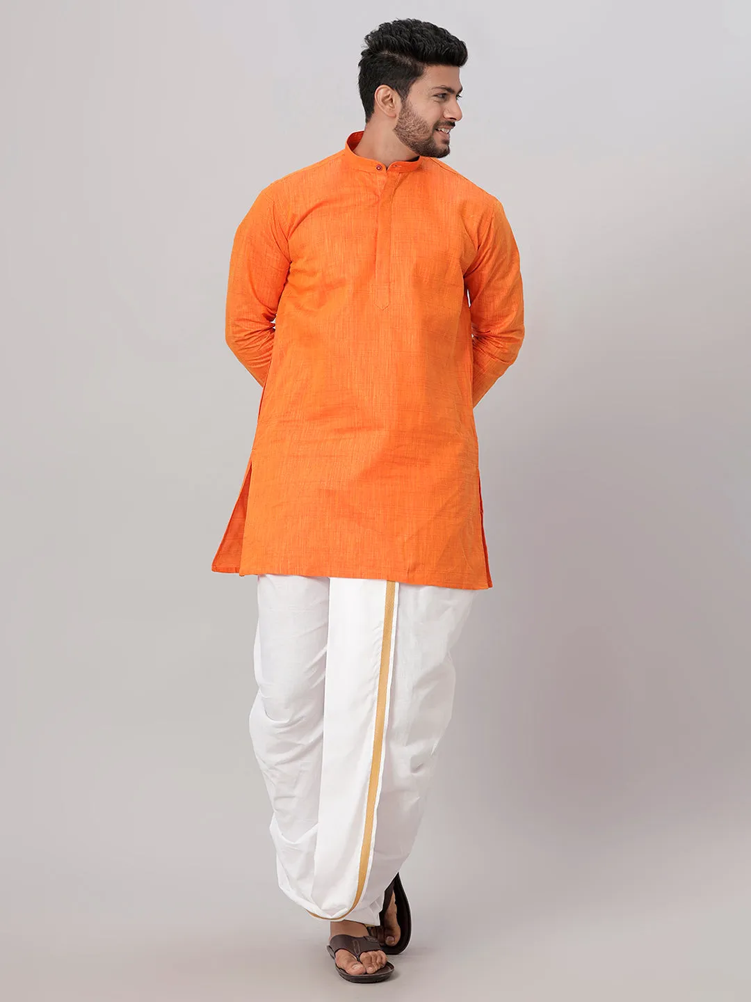 Men Medium Length Kurta with Readymade Elastic White Panchakacham Set FS3