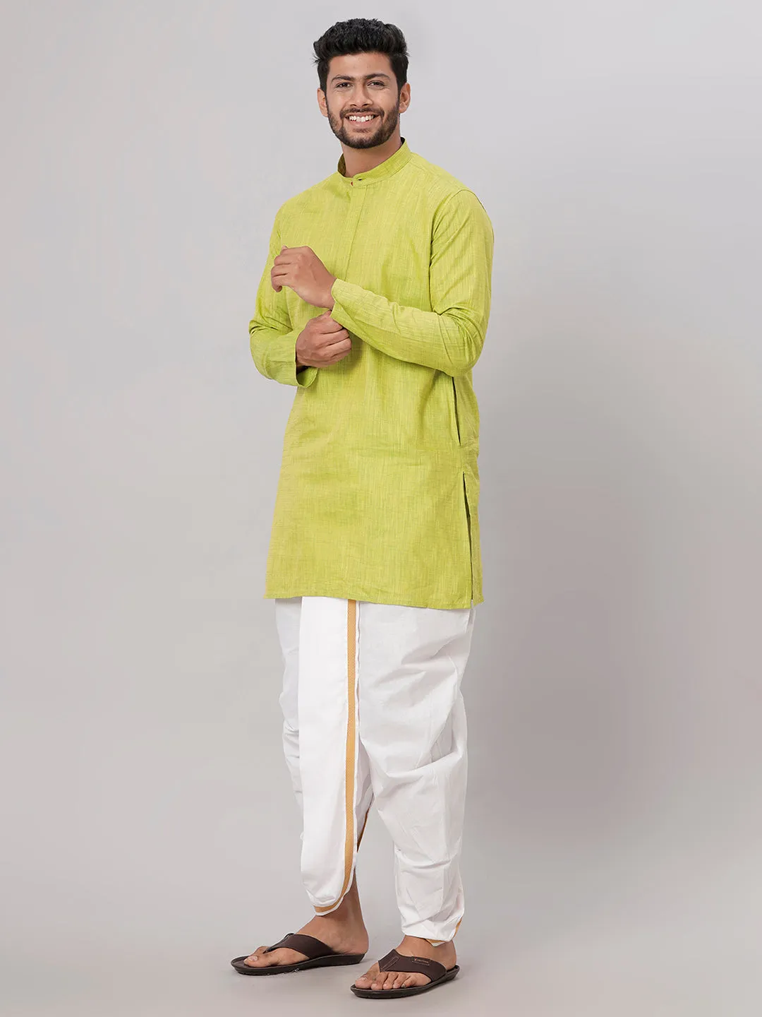 Men Medium Length Kurta with White Readymade Elastic Panchakacham Set FS2