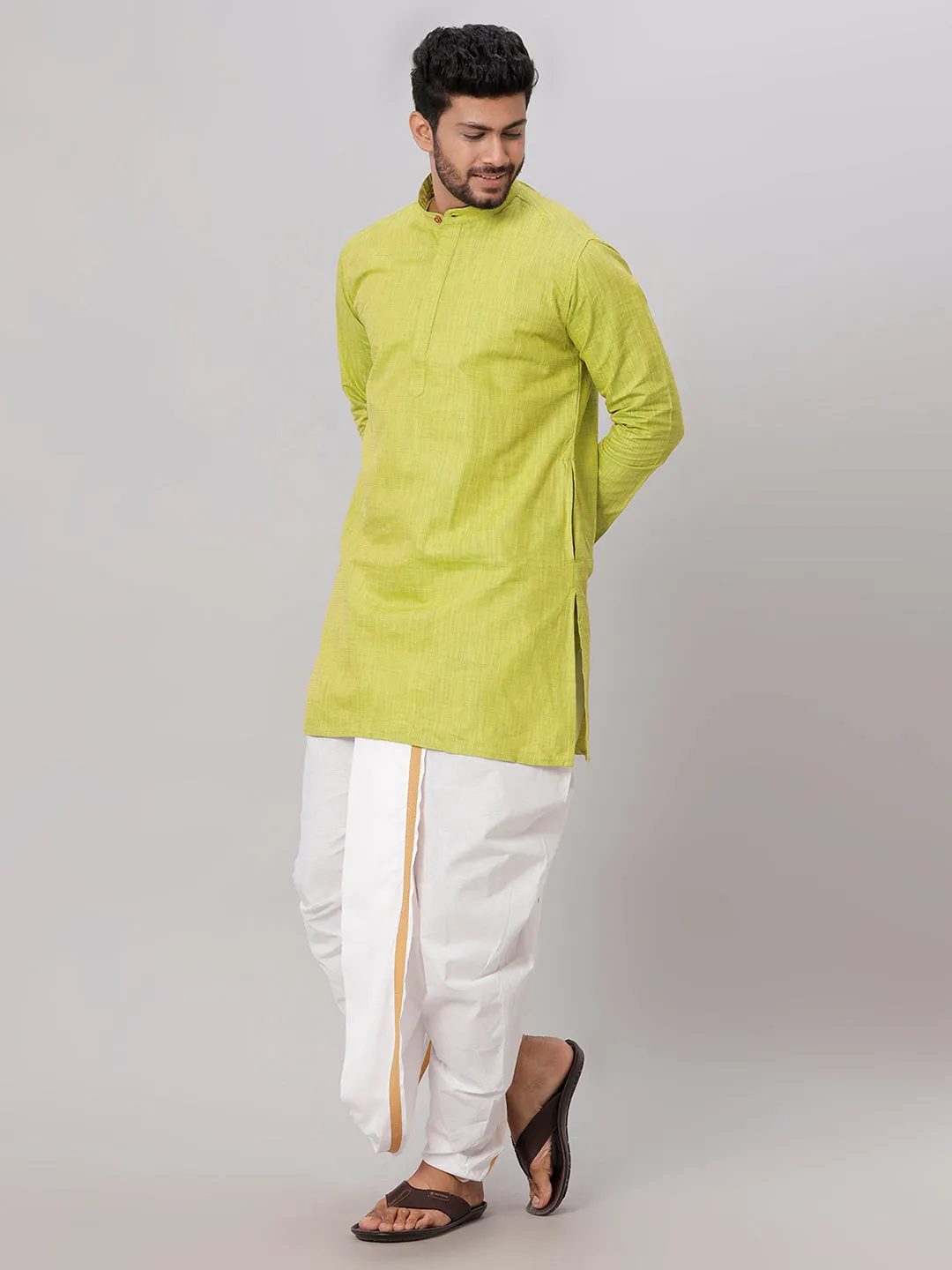 Men Medium Length Kurta with White Readymade Elastic Panchakacham Set FS2