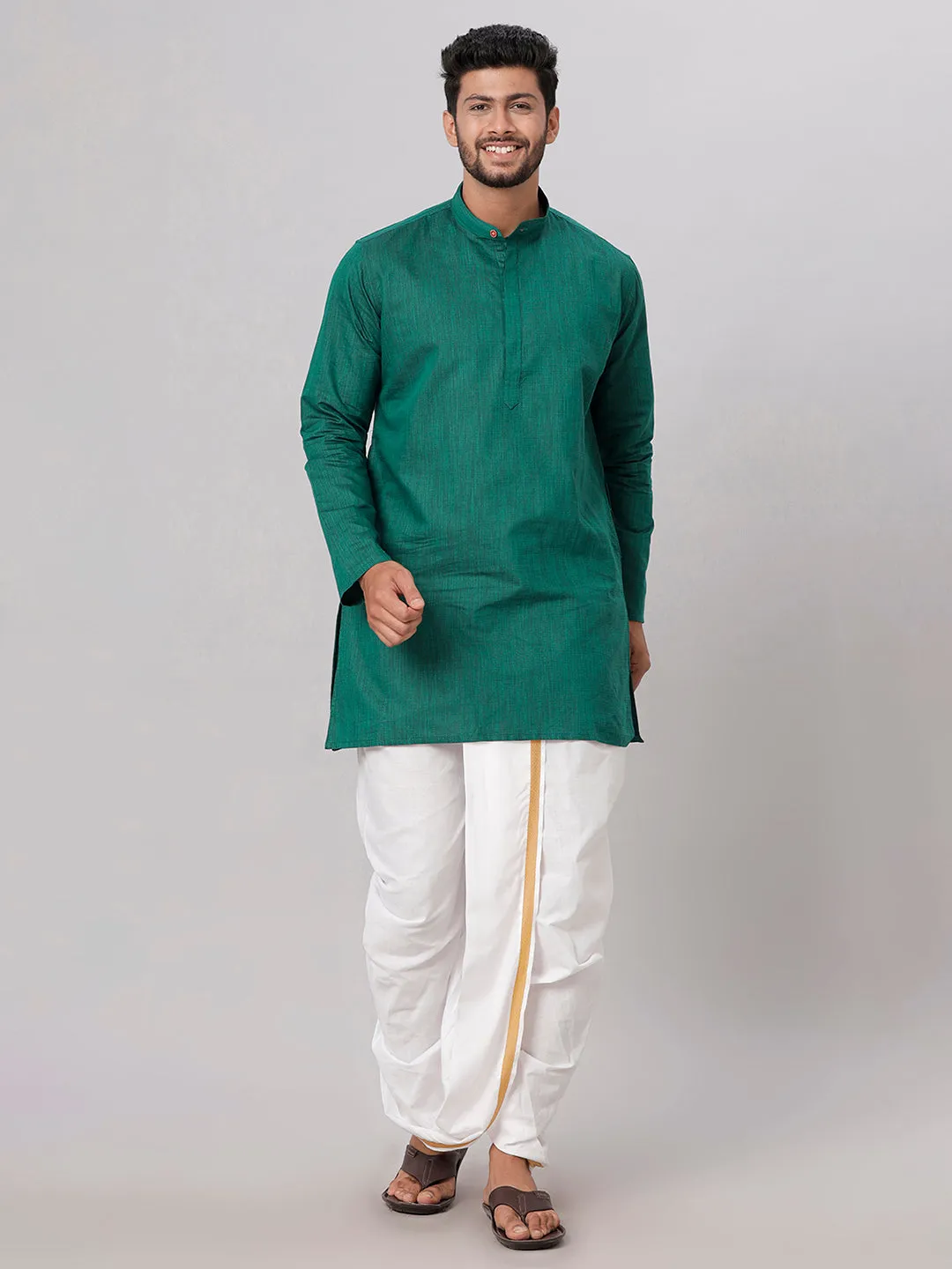 Men Medium Length Kurta with White Readymade Elastic Panchakacham Set FS5