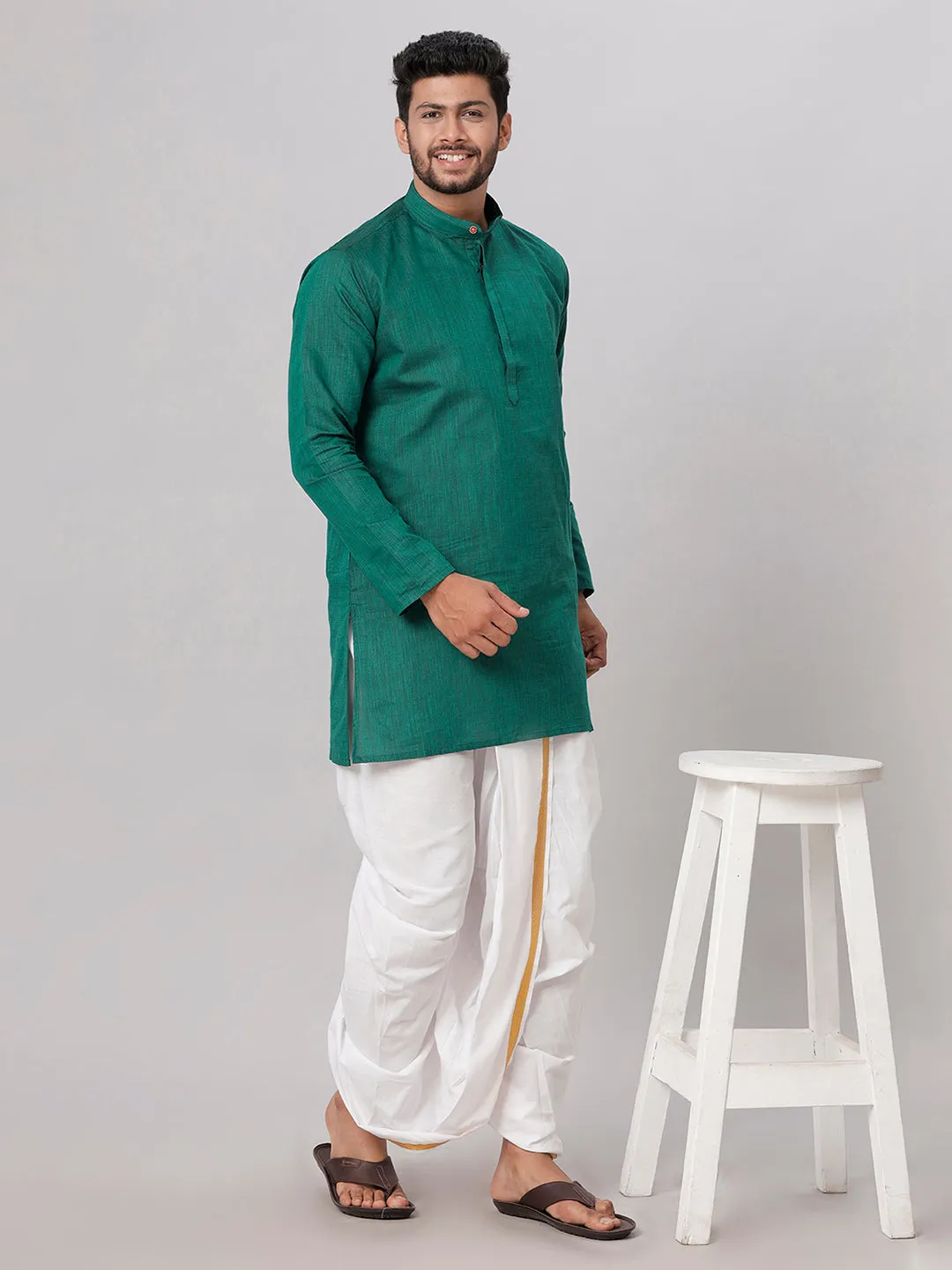 Men Medium Length Kurta with White Readymade Elastic Panchakacham Set FS5