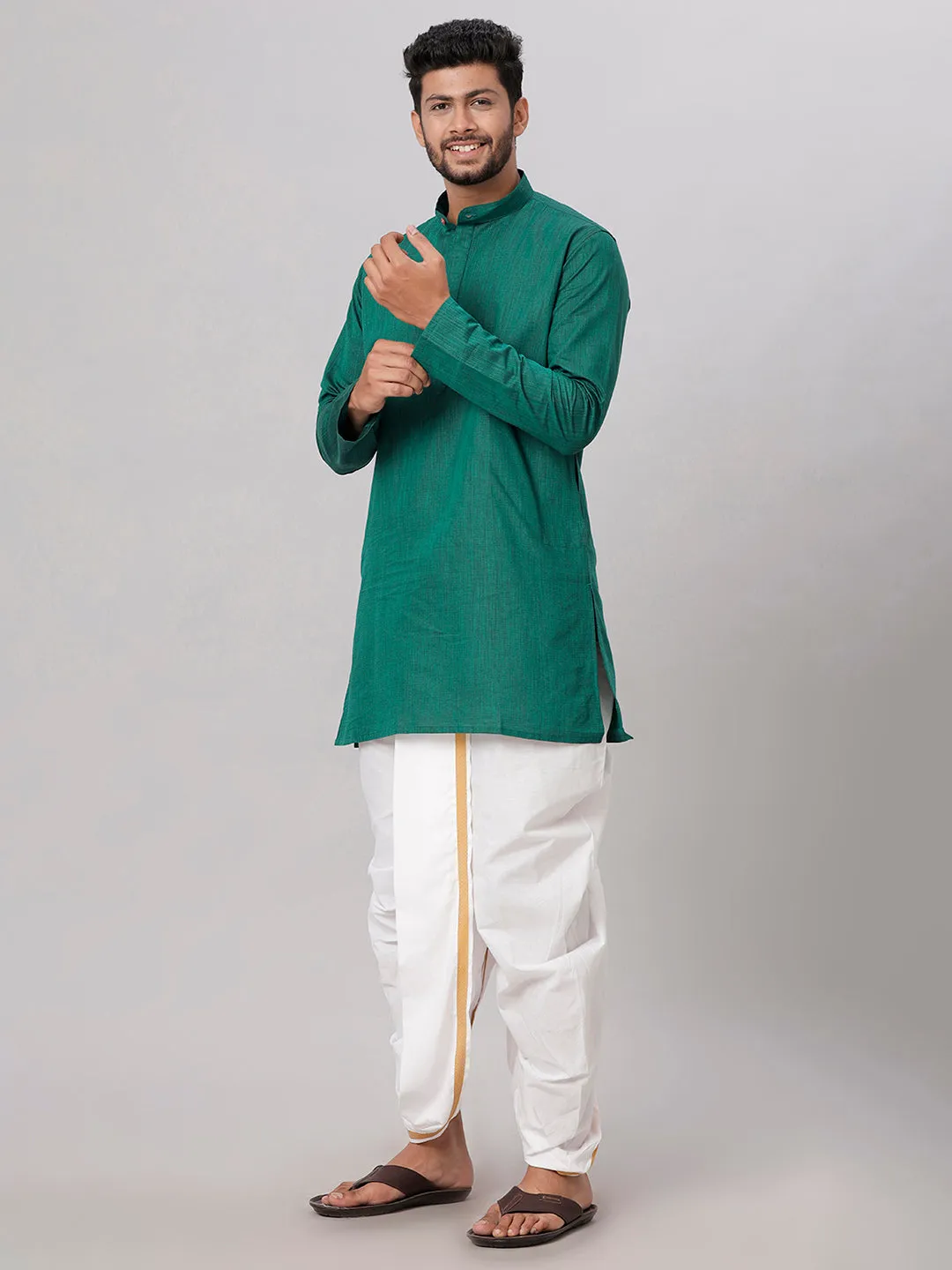 Men Medium Length Kurta with White Readymade Elastic Panchakacham Set FS5