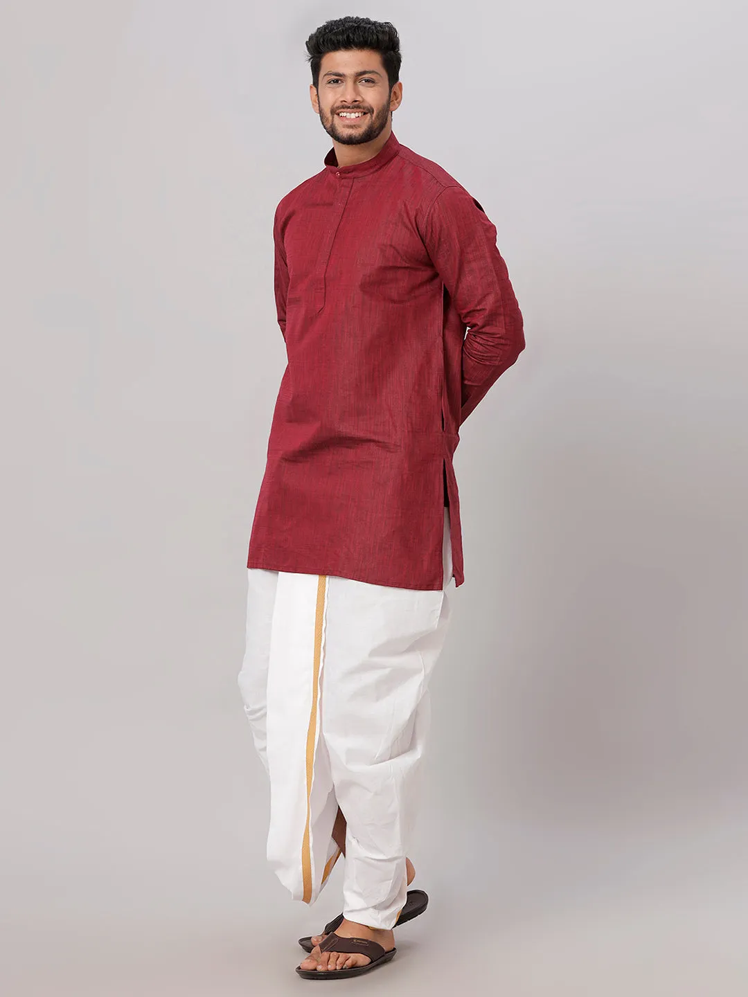 Men Medium Length Kurta with White Readymade Elastic Panchakacham Set FS7