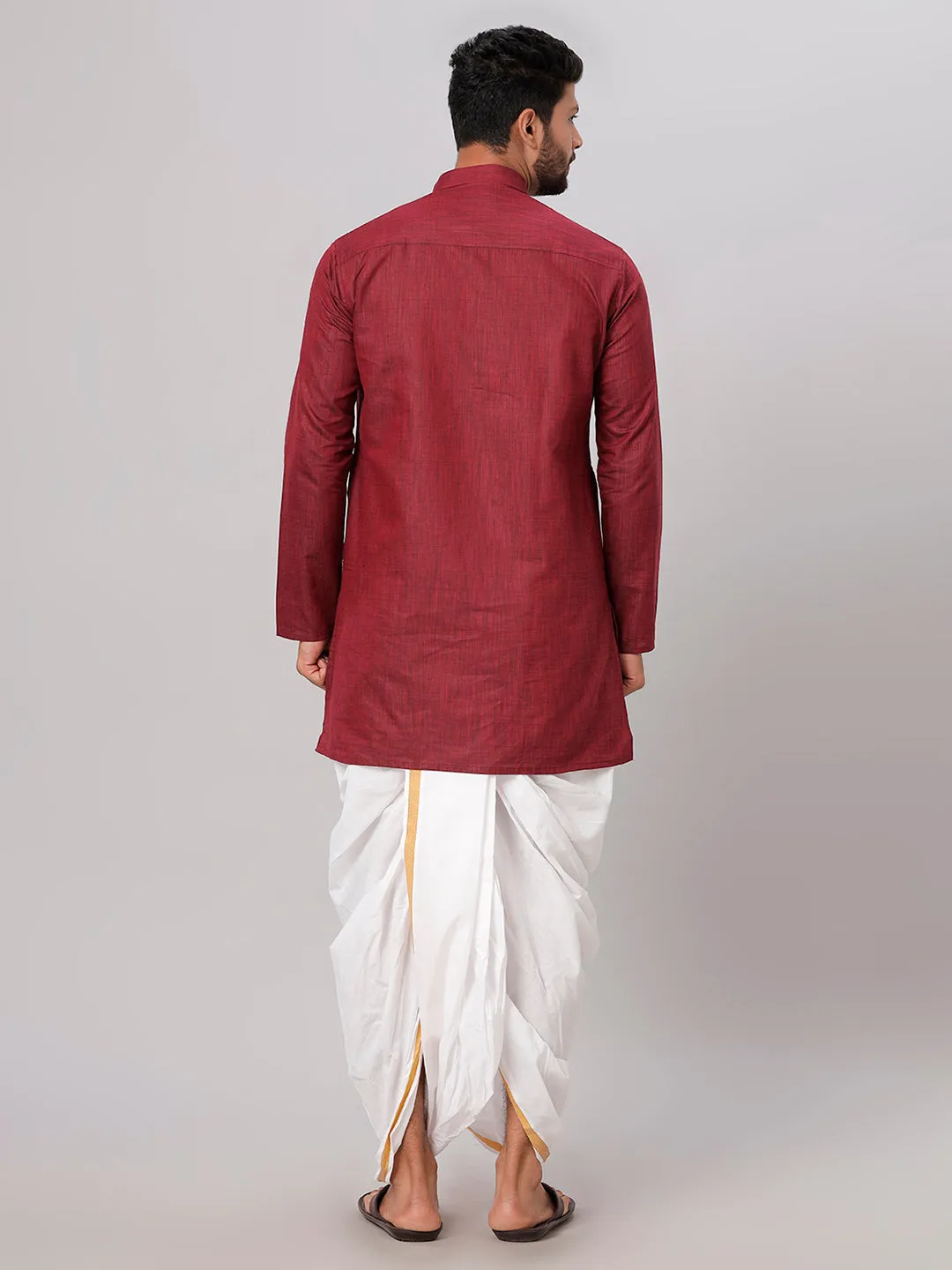 Men Medium Length Kurta with White Readymade Elastic Panchakacham Set FS7