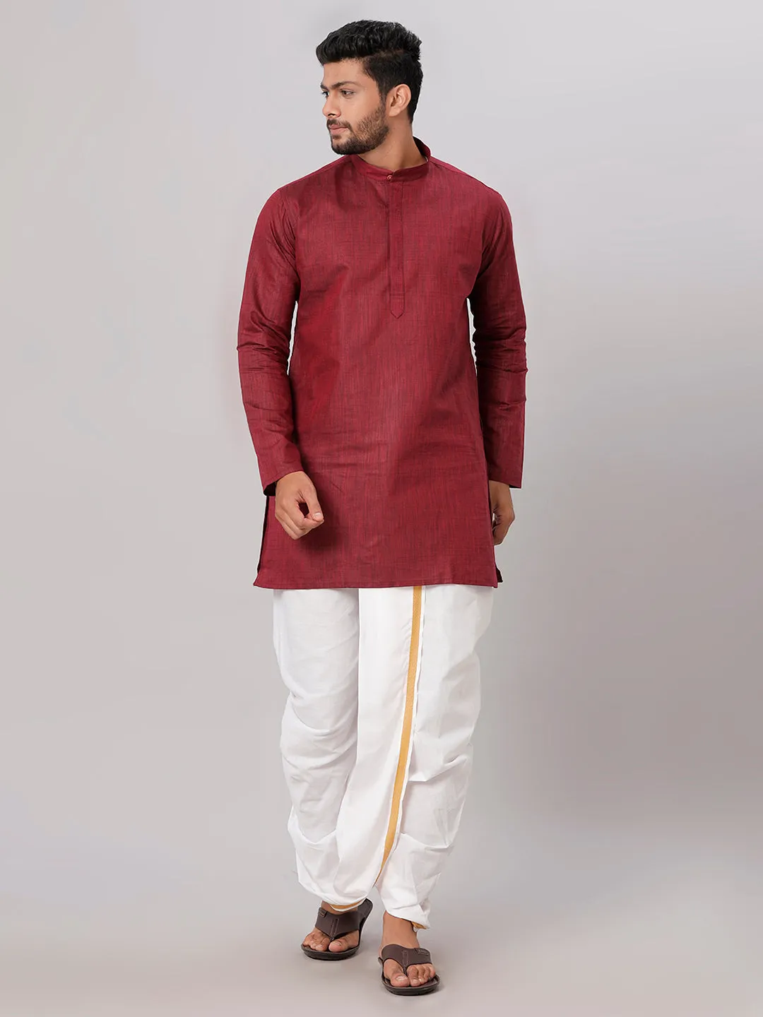 Men Medium Length Kurta with White Readymade Elastic Panchakacham Set FS7