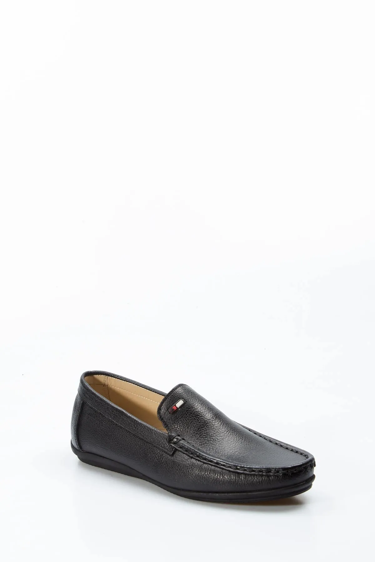 Men's Black Leather Loafers with Subtle Flag Accent - Wessi