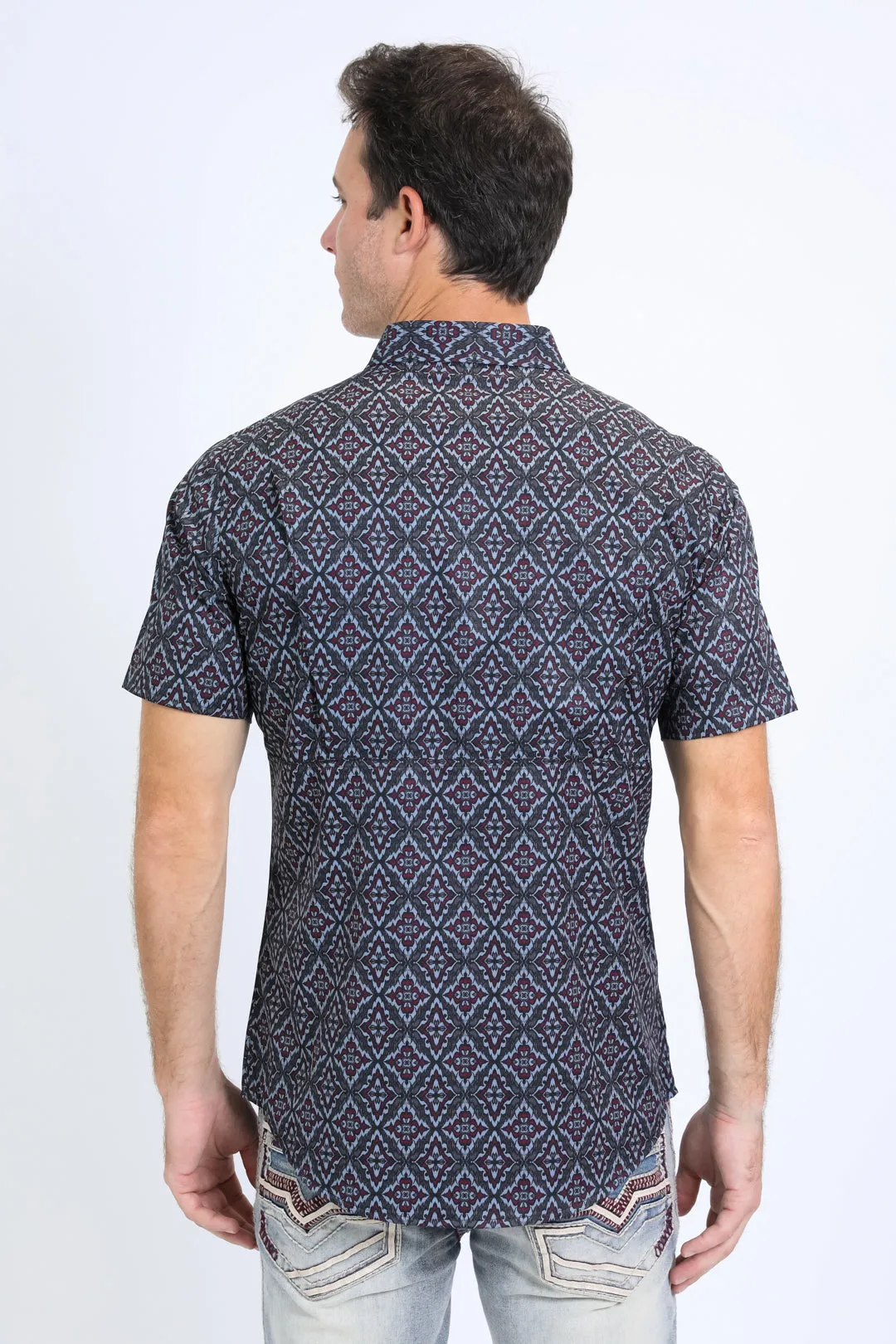 Mens Performance Western Short Sleeve Aztec Print Black/Burgundy Shirt