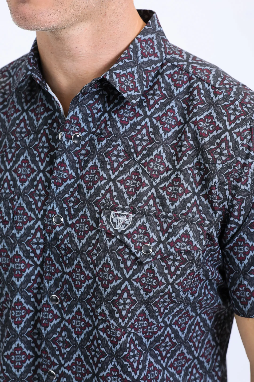 Mens Performance Western Short Sleeve Aztec Print Black/Burgundy Shirt