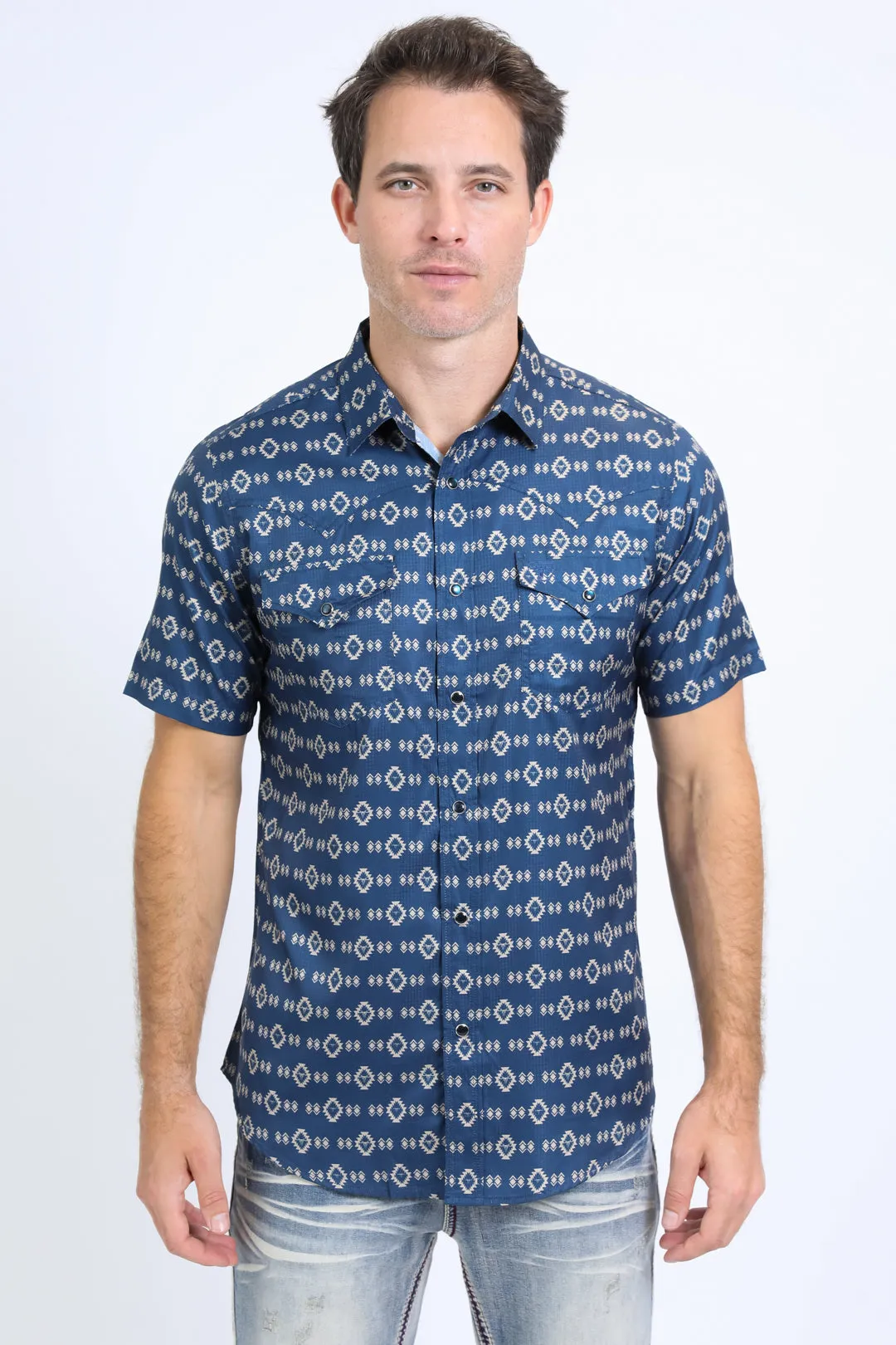 Mens Performance Western Short Sleeve Aztec Print Navy Shirt