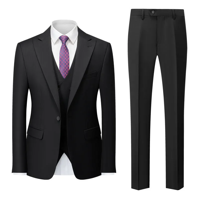 Men's Three-Piece One-Button Black Business Suit