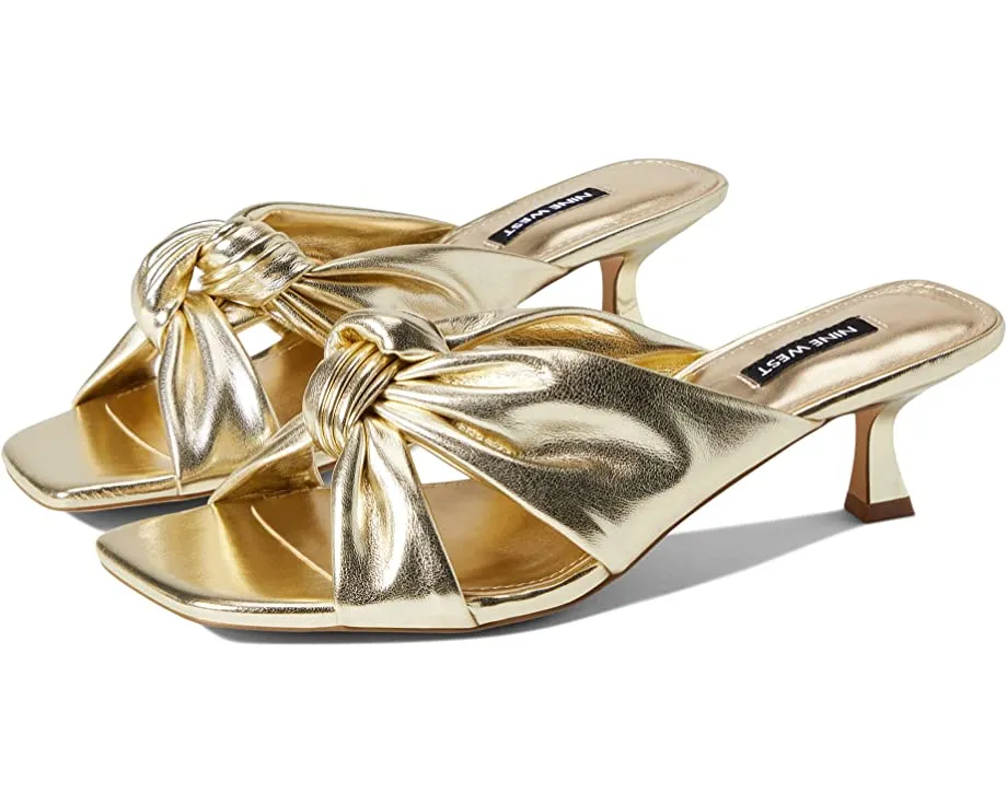 Nine West Dipa3 Gold Slip On Squared Open Toe Kitten Heeled Fashion Sandals