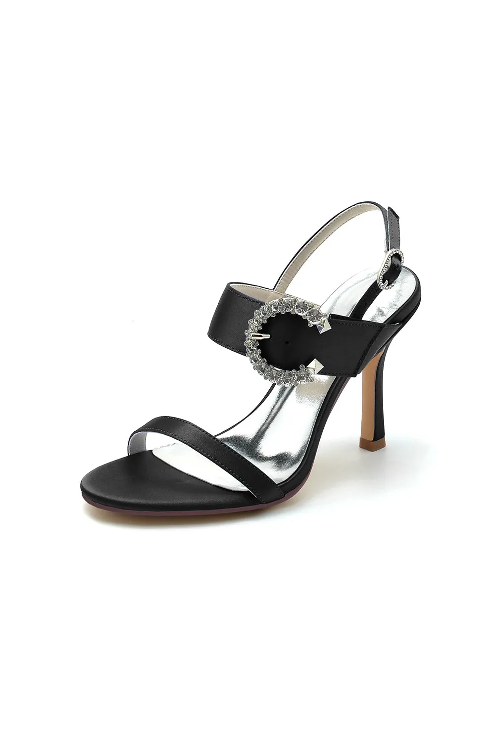 Open Toe Satin Heels with Crystal Buckle