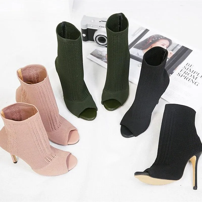 Peep Toe High Heel Knit Ankle Sandal Boots