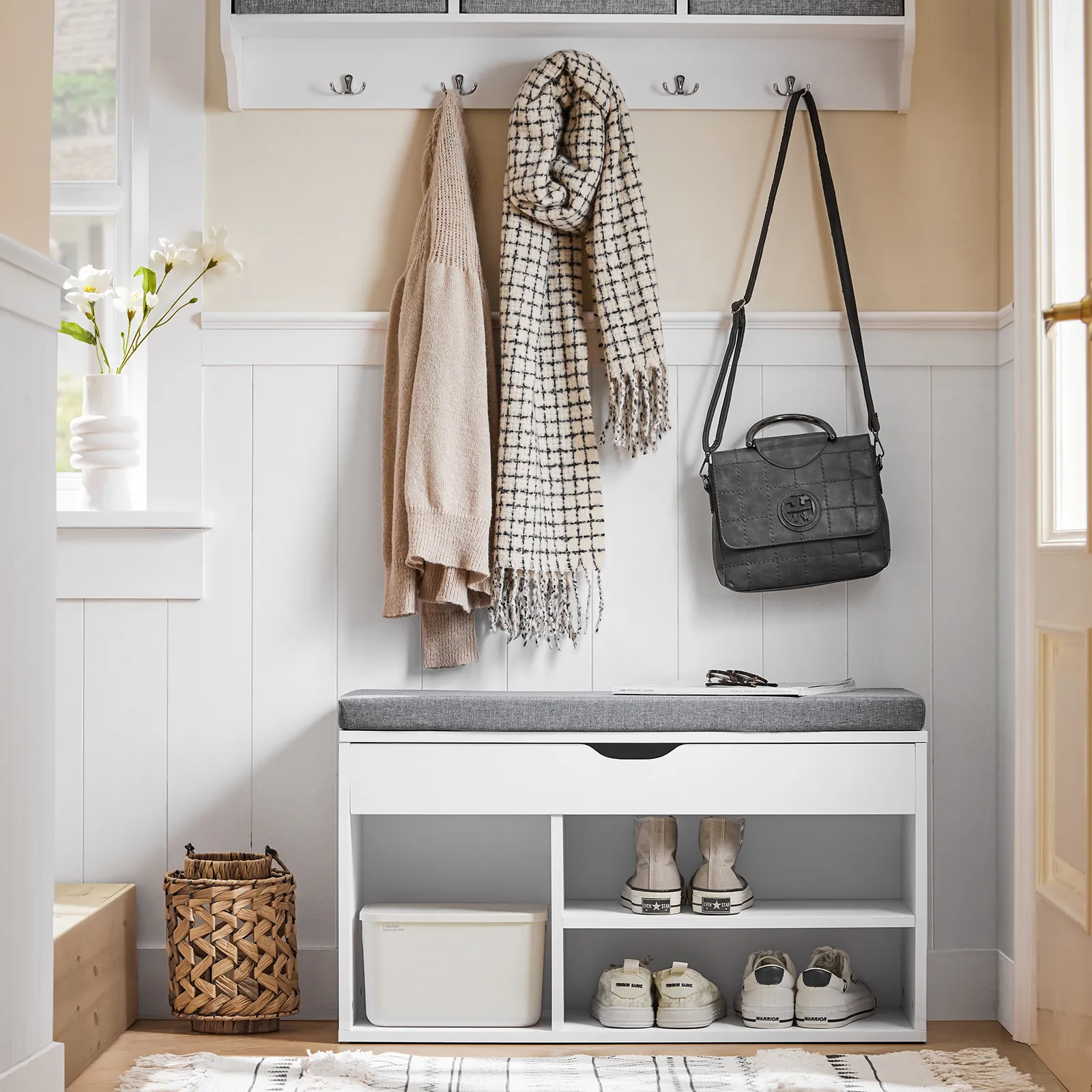 SoBuy FSR45-HG,Shoe Storage Cabinet,Shoe Rack Shoe Bench with Lift Up Bench Top and Grey Cushion
