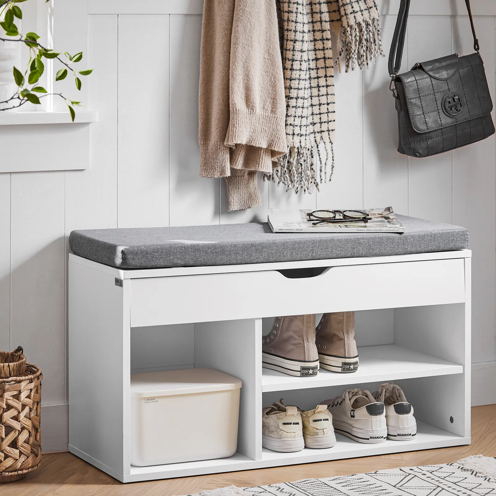SoBuy FSR45-HG,Shoe Storage Cabinet,Shoe Rack Shoe Bench with Lift Up Bench Top and Grey Cushion