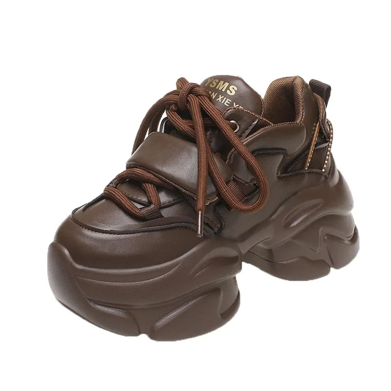 Sohiwoo Black PU Chunky Sneakers for Women  Non Slip Platform Sports Shoes Woman Thick Sole Lace Up Vulcanize Shoes Zapatillas Mujer