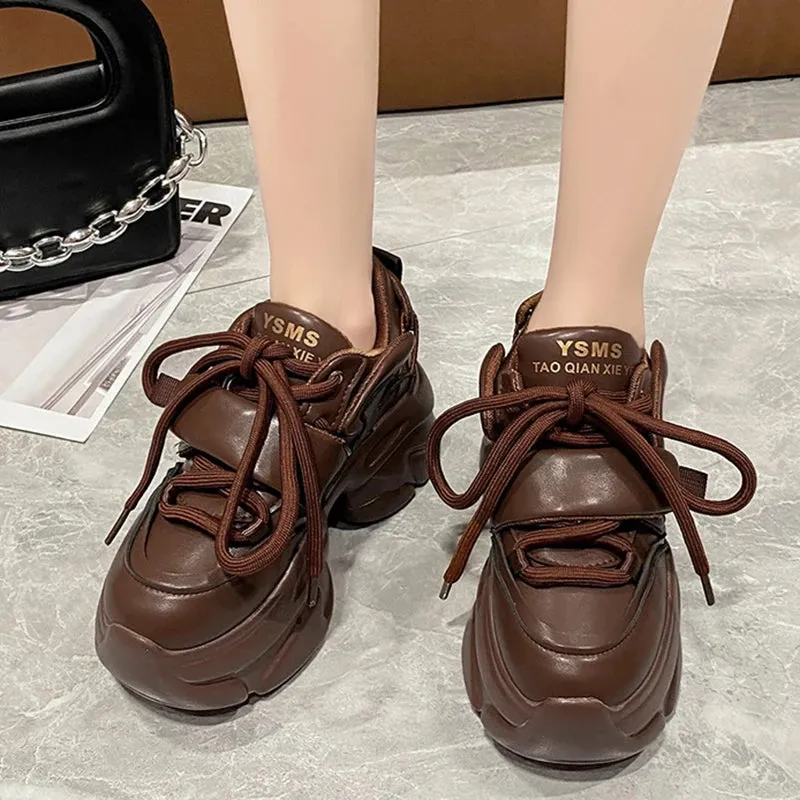 Sohiwoo Black PU Chunky Sneakers for Women  Non Slip Platform Sports Shoes Woman Thick Sole Lace Up Vulcanize Shoes Zapatillas Mujer