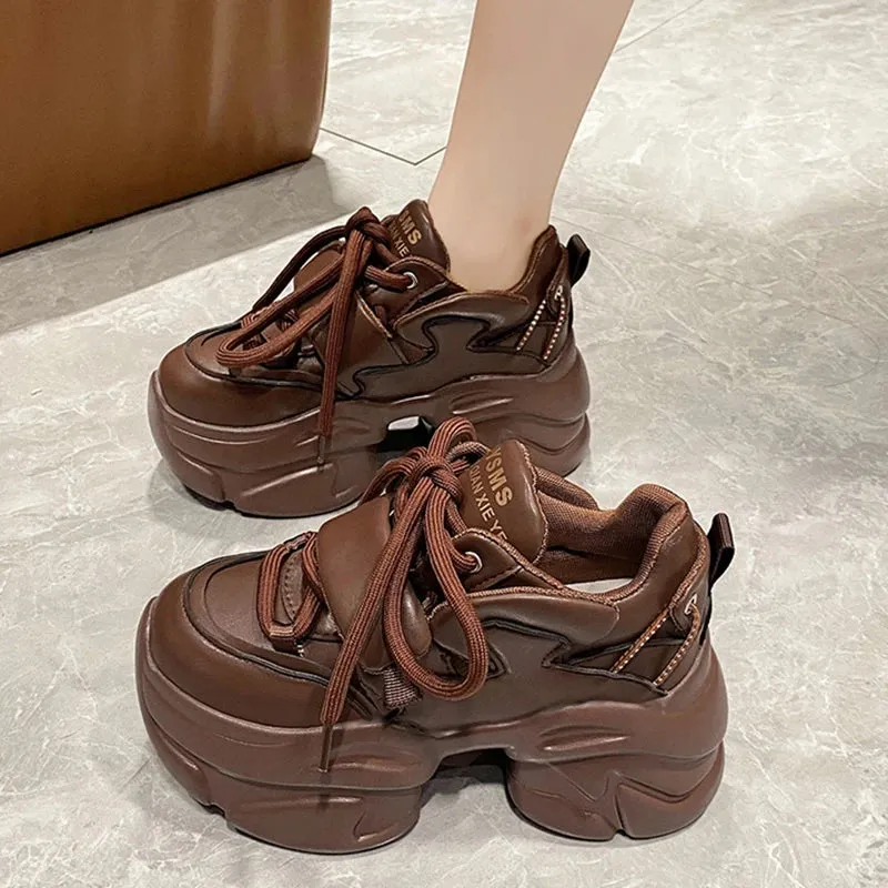 Sohiwoo Black PU Chunky Sneakers for Women  Non Slip Platform Sports Shoes Woman Thick Sole Lace Up Vulcanize Shoes Zapatillas Mujer