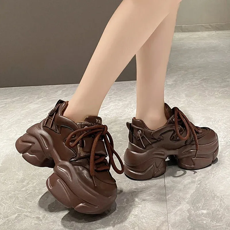 Sohiwoo Black PU Chunky Sneakers for Women  Non Slip Platform Sports Shoes Woman Thick Sole Lace Up Vulcanize Shoes Zapatillas Mujer