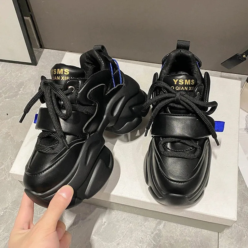 Sohiwoo Black PU Chunky Sneakers for Women  Non Slip Platform Sports Shoes Woman Thick Sole Lace Up Vulcanize Shoes Zapatillas Mujer