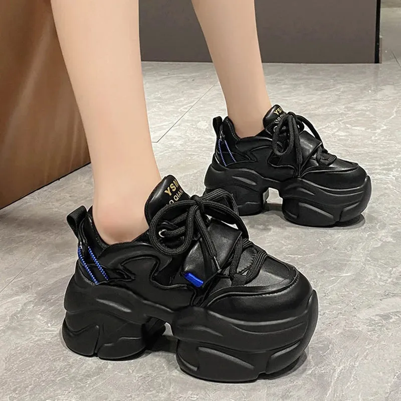 Sohiwoo Black PU Chunky Sneakers for Women  Non Slip Platform Sports Shoes Woman Thick Sole Lace Up Vulcanize Shoes Zapatillas Mujer