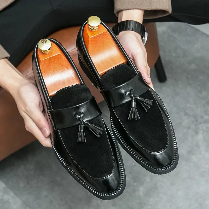 Sohiwoo Leather Fashion Tassel Loafers Slip-On Loafers CasualWedding Shoes Suede Driving Shoes Male Moccasins Pointed Banquet Black Dress Shoes