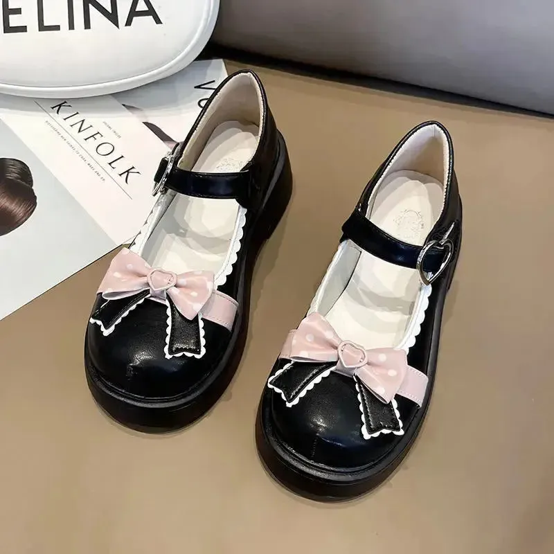 Sohiwoo Original Lolita Shoes Cute Women's Shoes Round Toe Leather Shoes Bow Big Toe Shoes Japanese Lolita Single Shoes