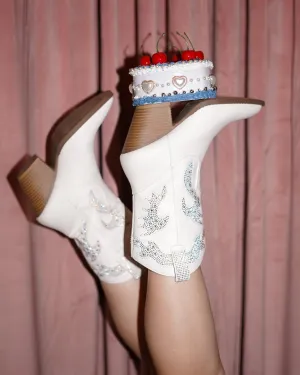 Starlight White Rhinestone Faux Leather Western Cowboy Pointed Toe Ankle Boots
