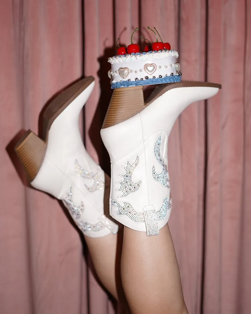 Starlight White Rhinestone Faux Leather Western Cowboy Pointed Toe Ankle Boots