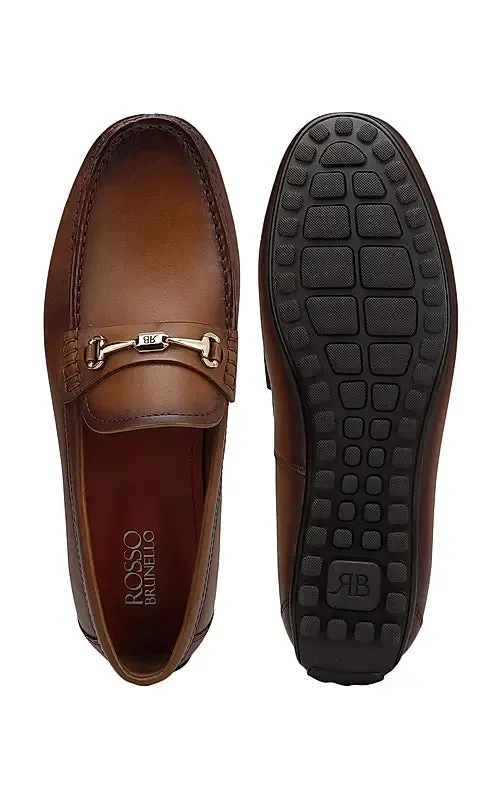 Tan Leather Moccasins With Logo Buckle