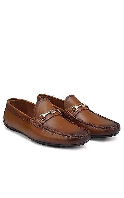 Tan Leather Moccasins With Logo Buckle