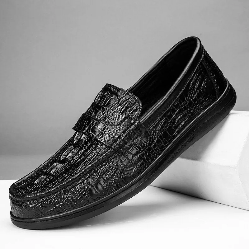 The First Layer of Cowhide Loafers Black Crocodile Pattern Mens Luxury Slip on Moccasins Casual Driving Shoes Plus Size 38-47