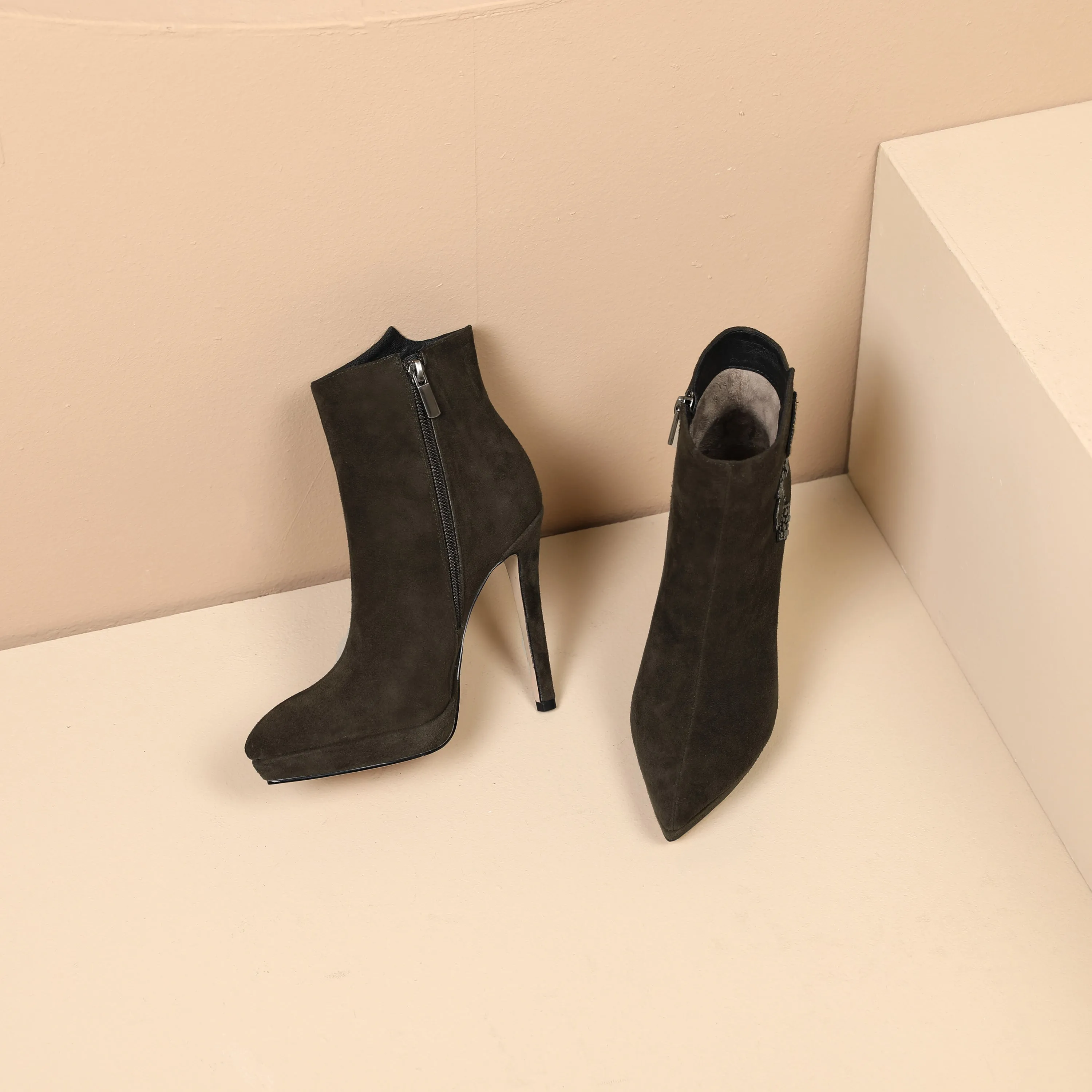 TinaCus Handmade Women's Suede Leather Cube Rhinestones Side Zipper Pointed Toe Platform High Stiletto Heel Ankle Boots